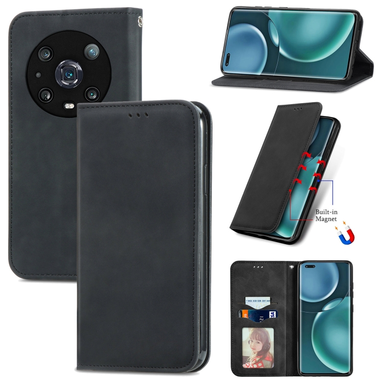 

For Honor Magic4 Pro Retro Skin Feel Magnetic Leather Phone Case(Black)