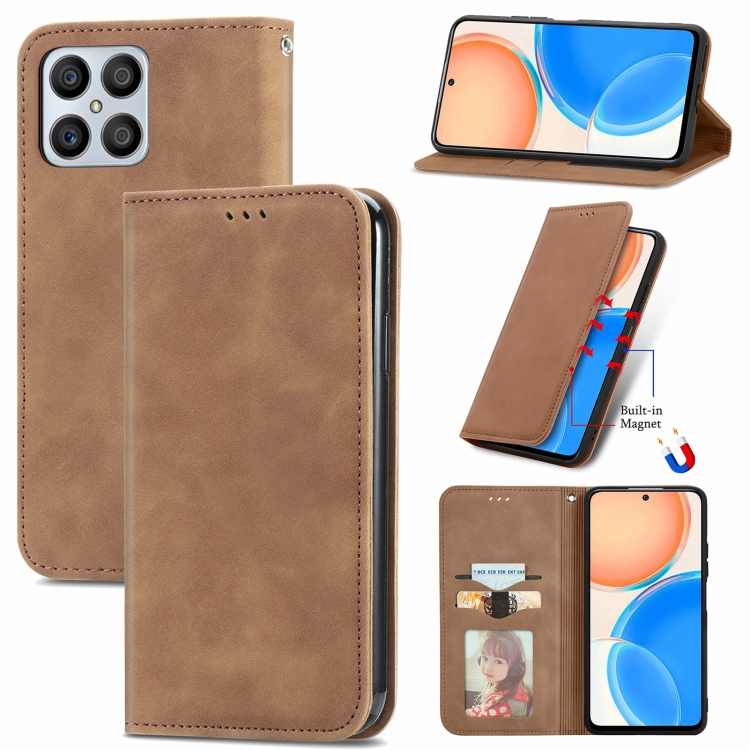 

For Honor X8 Retro Skin Feel Magnetic Leather Phone Case(Brown)