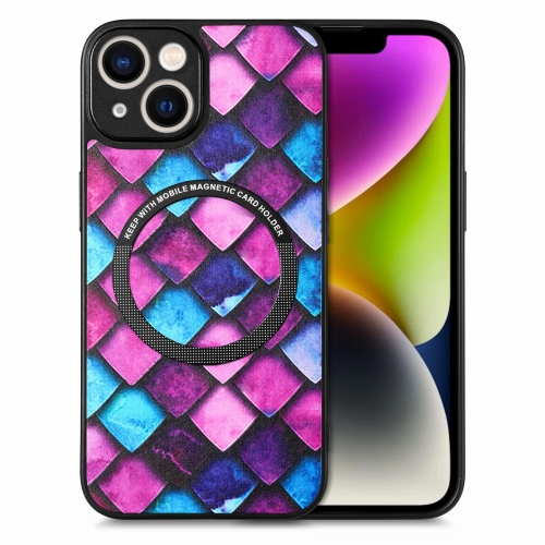 

For iPhone 14 Plus Colored Drawing Leather Back Cover Magsafe Phone Case(Purple Scales)
