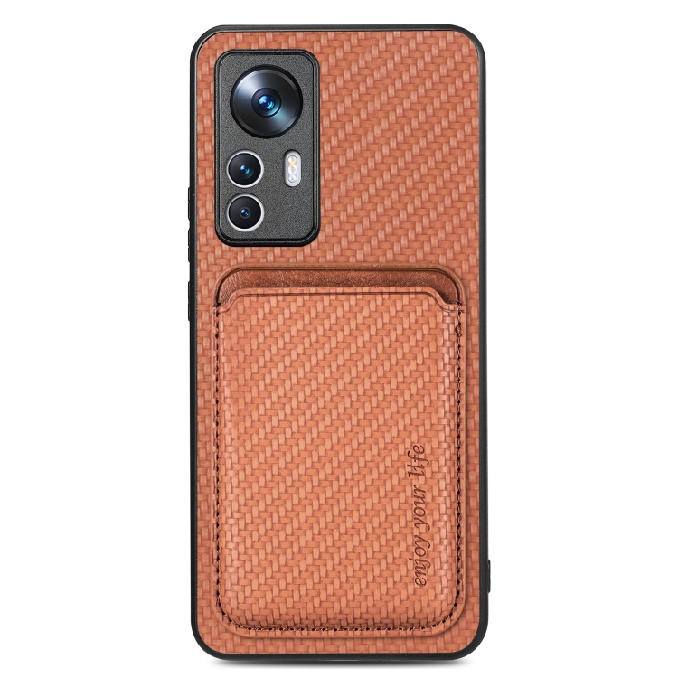 

For Xiaomi 12T Carbon Fiber Leather Card Magsafe Phone Case(Brown)