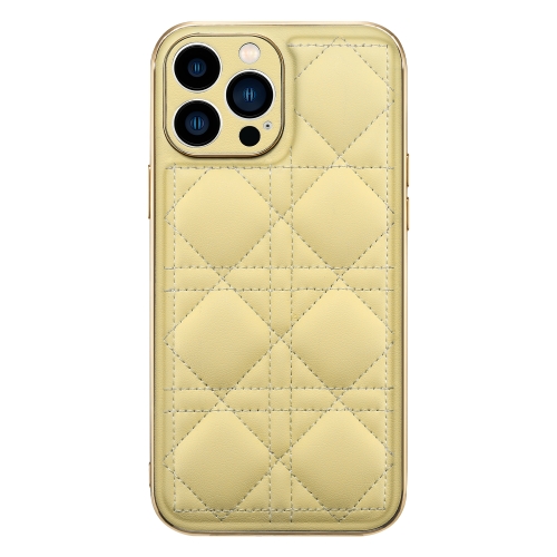

For iPhone 14 D03 Grid PU Leather Electroplated Phone Case(Yellow)