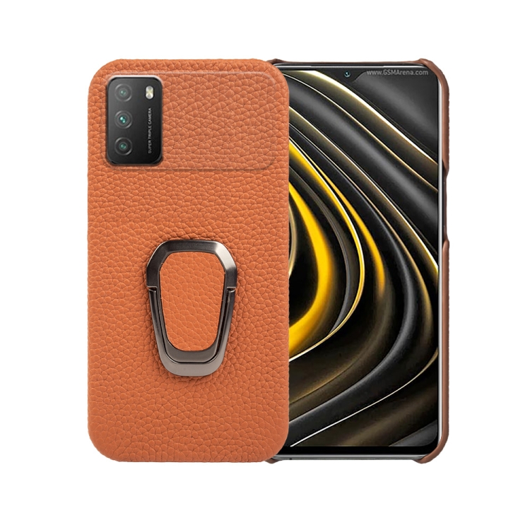 

For Xiaomi Poco M3 Ring Holder Litchi Texture Genuine Leather Phone Case(Brown)