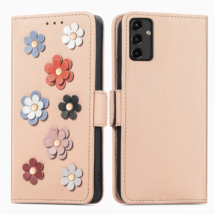 

For Samsung Galaxy A14 5G Stereoscopic Flowers Leather Phone Case(Khaki)