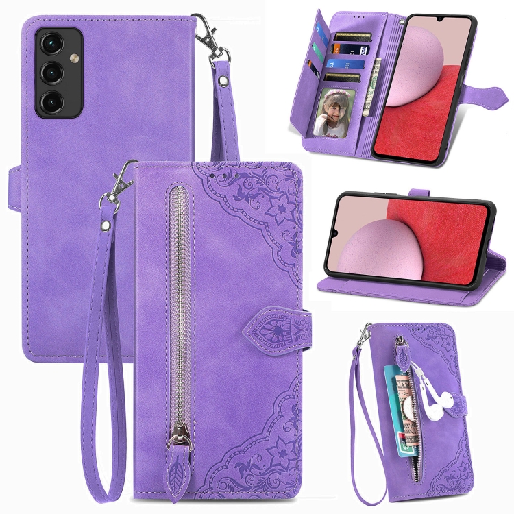 

For Samsung Galaxy A14 5G Embossed Flower Zipper Leather Phone Case(Purple)