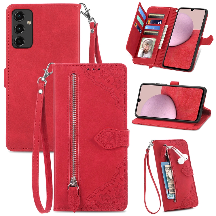 

For Samsung Galaxy A14 5G Embossed Flower Zipper Leather Phone Case(Red)