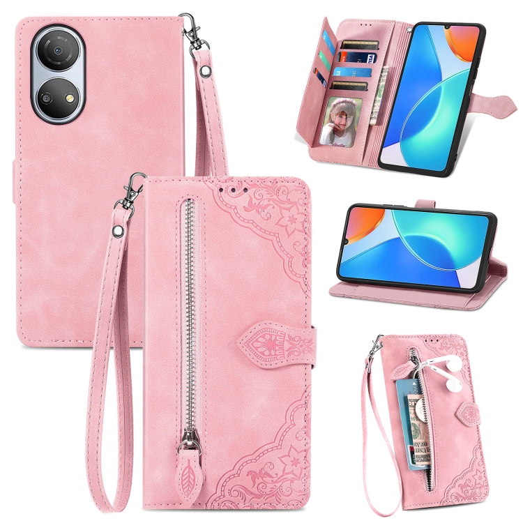 

For Honor Play 30 Plus Embossed Flower Zipper Leather Phone Case(Rose Gold)