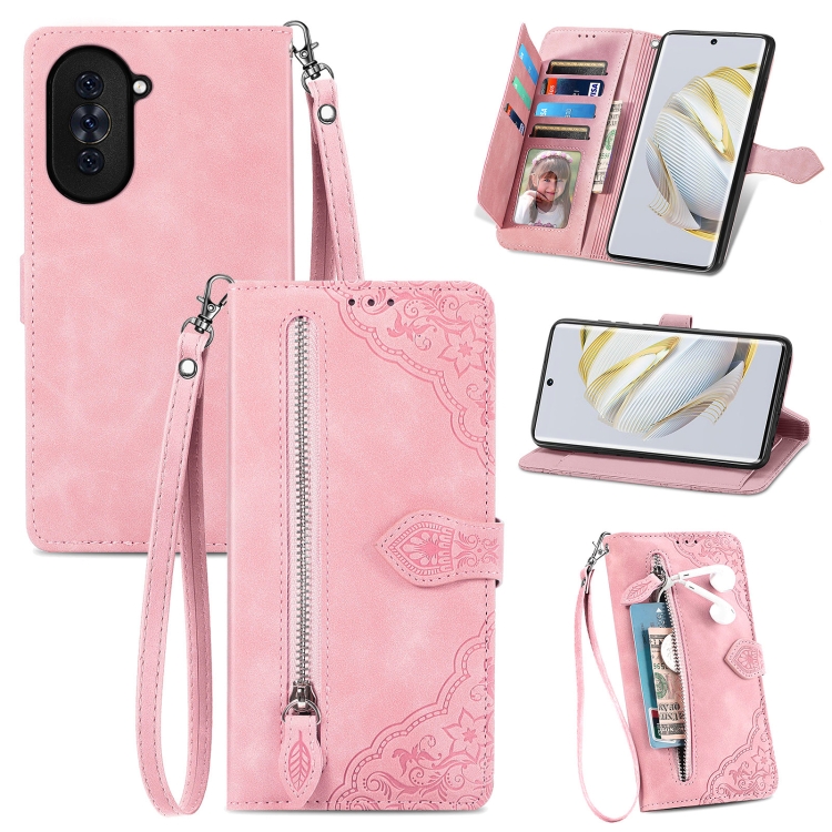 

For Huawei Nova 10 Embossed Flower Zipper Leather Phone Case(Rose Gold)