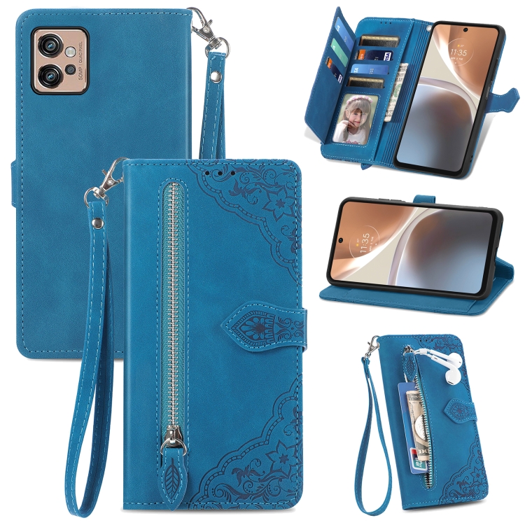 

For Motorola Moto G32 Embossed Flower Zipper Leather Phone Case(blue)
