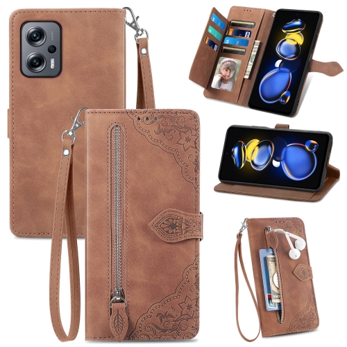 

For Redmi Note 11T Embossed Flower Zipper Leather Phone Case(Brown)