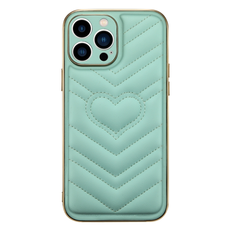 

For iPhone 14 Plus D03 Love Heart PU Leather Electroplated Phone Case(Green)