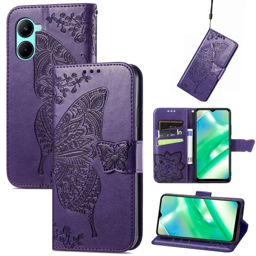 

For OPPO Realme C33 Butterfly Love Flower Embossed Leather Phone Case(Purple)