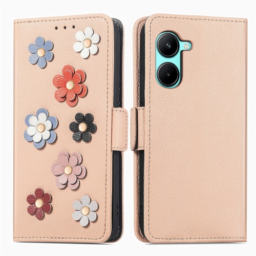 

For Realme C33 Stereoscopic Flowers Leather Phone Case(Khaki)