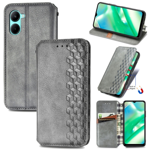 

For Realme C33 Cubic Grid Pressed Magnetic Leather Phone Case(Gray)