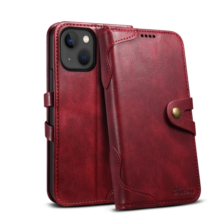 

Suteni Calf Texture Buckle Wallet Leather Phone Case For iPhone 14 Plus(Red)