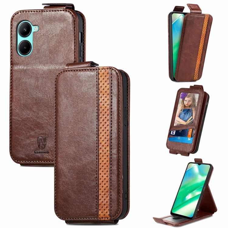

For Realme C33 Splicing Wallet Card Holder Vertical Flip Leather Phone Case(Brown)