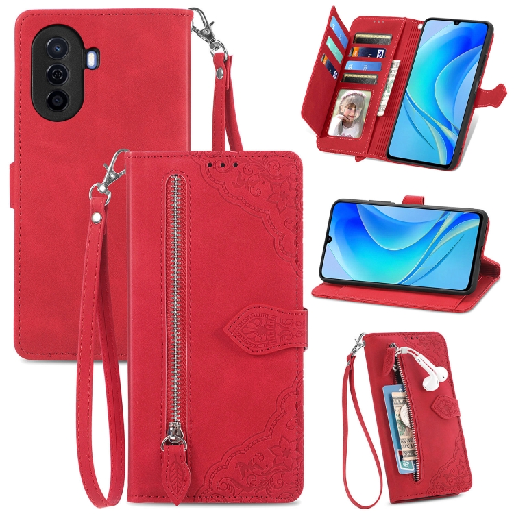 

For Huawei Nova Y70 Embossed Flower Zipper Leather Phone Case(Red)