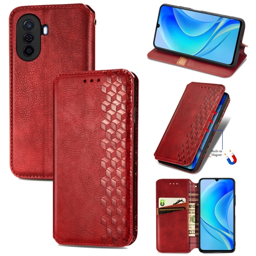 

For Huawei Nova Y70 Cubic Grid Pressed Magnetic Leather Phone Case(Red)