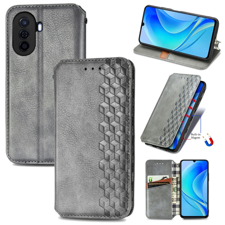 

For Huawei Enjoy 50 Cubic Grid Pressed Magnetic Leather Phone Case(Gray)