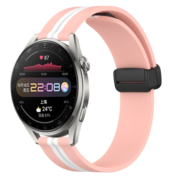 

For Huawei Watch 3 Pro 22mm Folding Magnetic Clasp Silicone Watch Band(Pink+White)