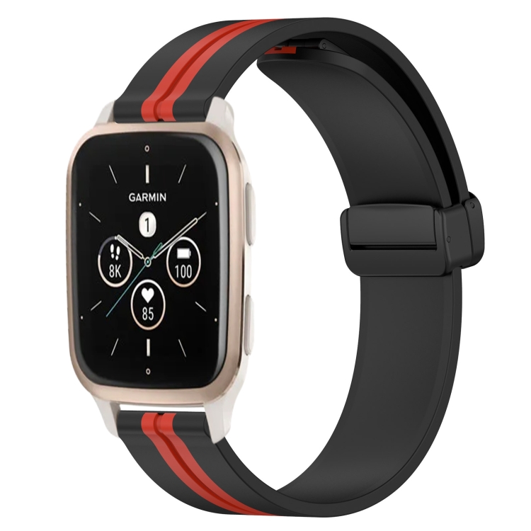 

For Garmin Forerunner Sq2 Music 20mm Folding Magnetic Clasp Silicone Watch Band(Black+Red)