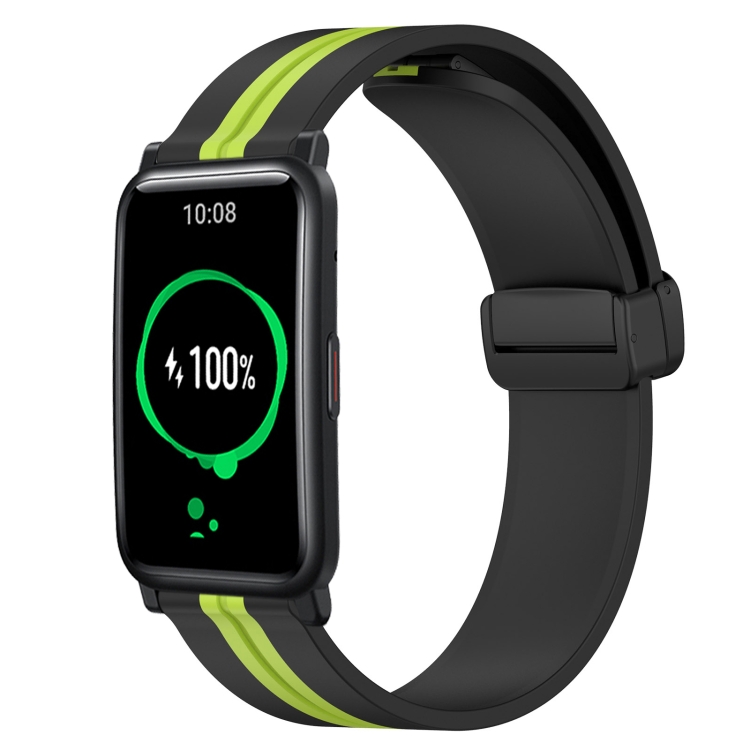 

For Honor Watch ES 20mm Folding Magnetic Clasp Silicone Watch Band(Black+Lime Green)