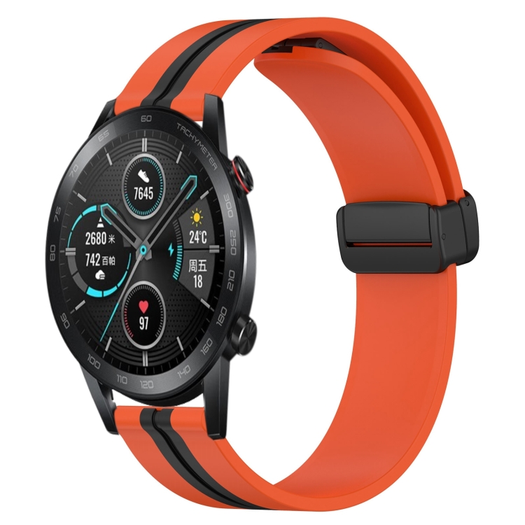 

For Honor MagicWatch2 42mm 20mm Folding Magnetic Clasp Silicone Watch Band(Orange+Black)