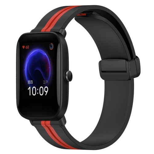 

For Amazfit Pop 20mm Folding Magnetic Clasp Silicone Watch Band(Black+Red)