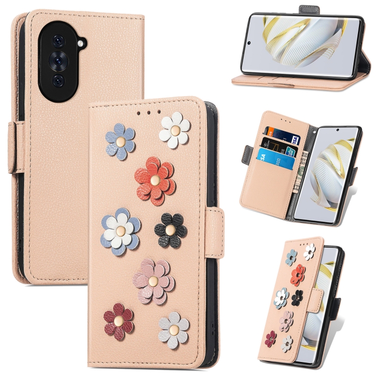 

For Huawei Nova 10 Stereoscopic Flowers Leather Phone Case(Khaki)