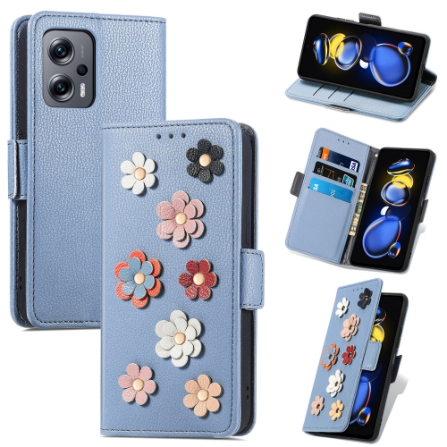 

For Xiaomi Redmi Note 11T Stereoscopic Flowers Leather Phone Case(Blue)