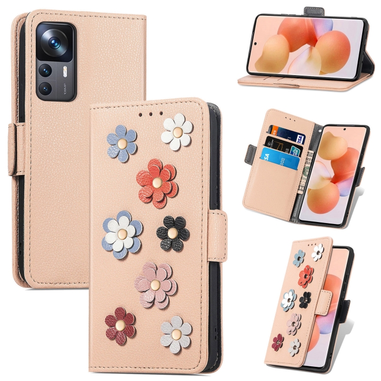

For Xiaomi 12T / Redmi K50 Ultra Stereoscopic Flowers Leather Phone Case(Khaki)