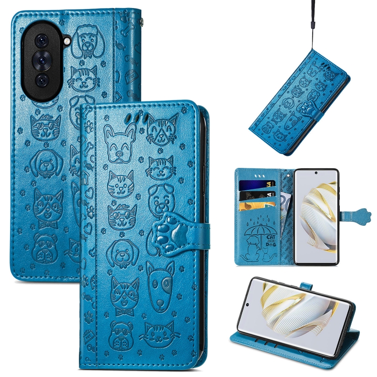 

For Huawei Nova 10 Cat and Dog Embossed Leather Phone Case(Blue)