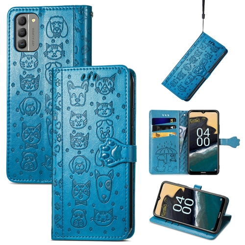 

For Nokia G400 Cat and Dog Embossed Leather Phone Case(Blue)