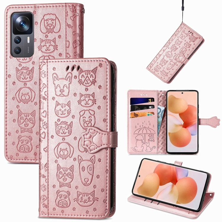 

For Xiaomi 12T / Redmi K50 Ultra Cat and Dog Embossed Leather Phone Case(Rose Gold)