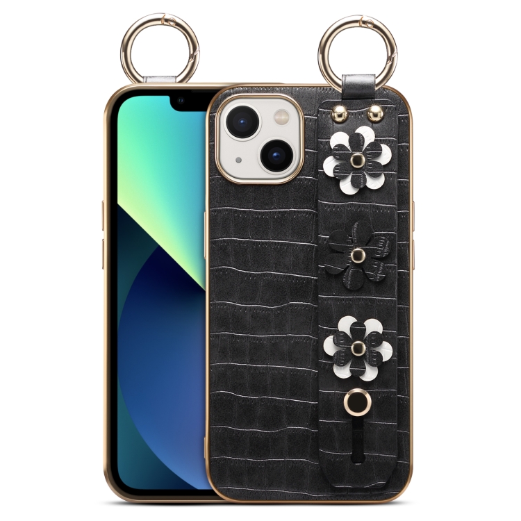 

For iPhone 12 mini Wristband Ring Sakura Electroplated Crocodile Leather Phone Case(Black)