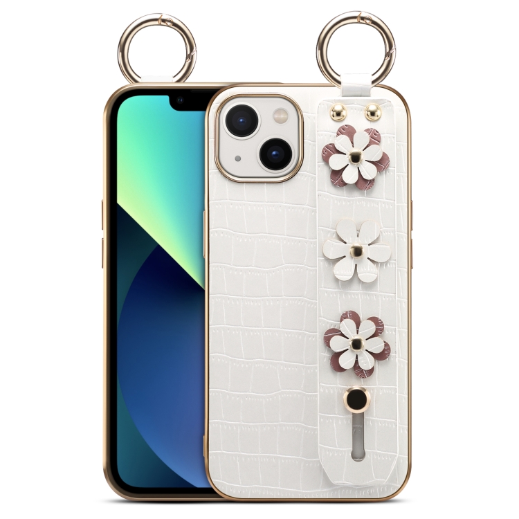 

For iPhone 13 Wristband Ring Sakura Electroplated Crocodile Leather Phone Case(White)