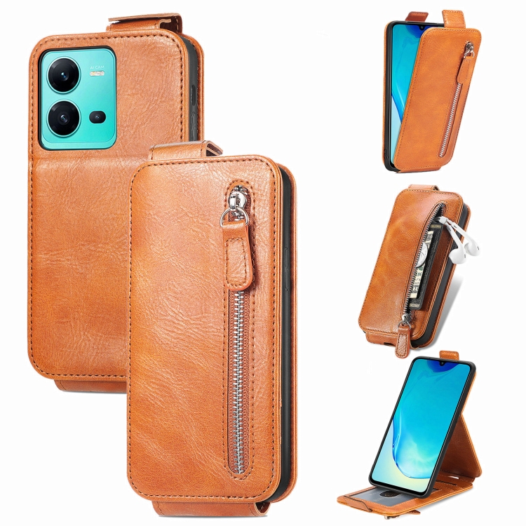 

For vivo V25 Zipper Wallet Vertical Flip Leather Phone Case(Brown)