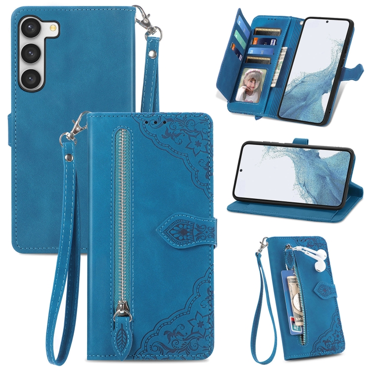 

For Samsung Galaxy S23 Ultra 5G Embossed Flower Zipper Leather Phone Case(Blue)