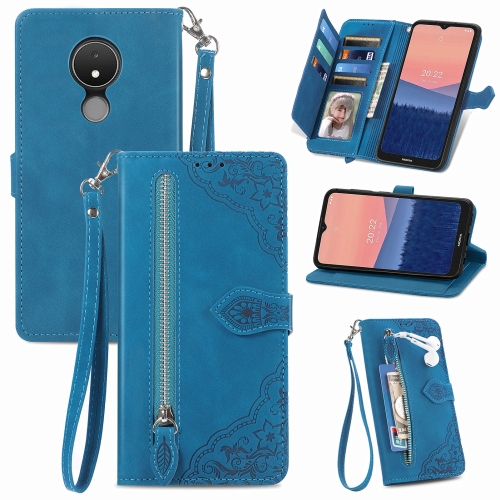 

For Nokia C21 Embossed Flower Zipper Leather Phone Case(Blue)