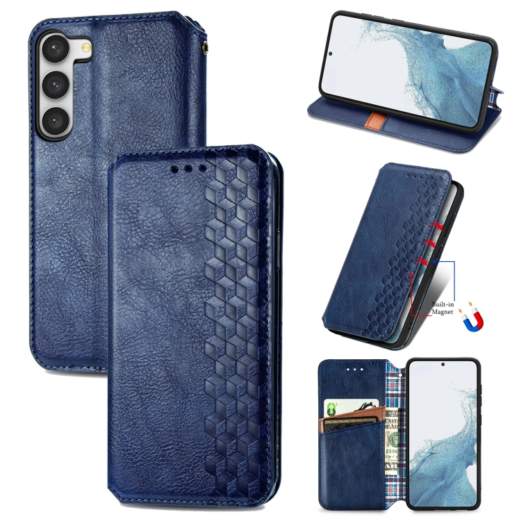 

For Samsung Galaxy S23 Ultra 5G Cubic Grid Pressed Magnetic Leather Phone Case(Blue)