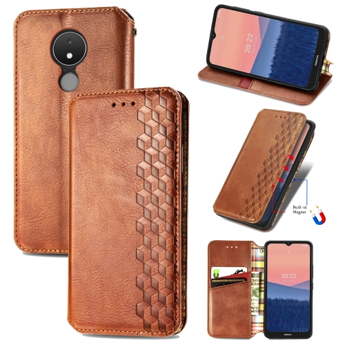 

For Nokia C21 Cubic Grid Pressed Magnetic Leather Phone Case(Brown)