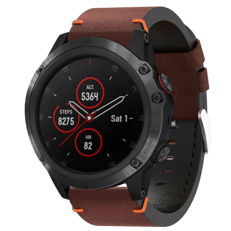 

For Garmin Fenix 5X Plus 26mm Leather Suture Steel Buckle Watch Band(Coffee)