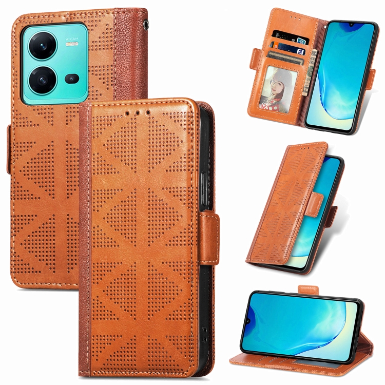 

For vivo V25 Grid Leather Flip Phone Case(Brown)