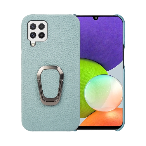 

For Samsung Galaxy A22 4G Ring Holder Litchi Texture Genuine Leather Phone Case(Cyan)