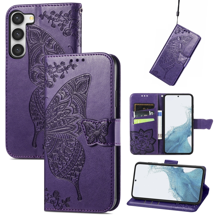 

For Samsung Galaxy S23 5G Butterfly Love Flower Embossed Leather Phone Case(Purple)