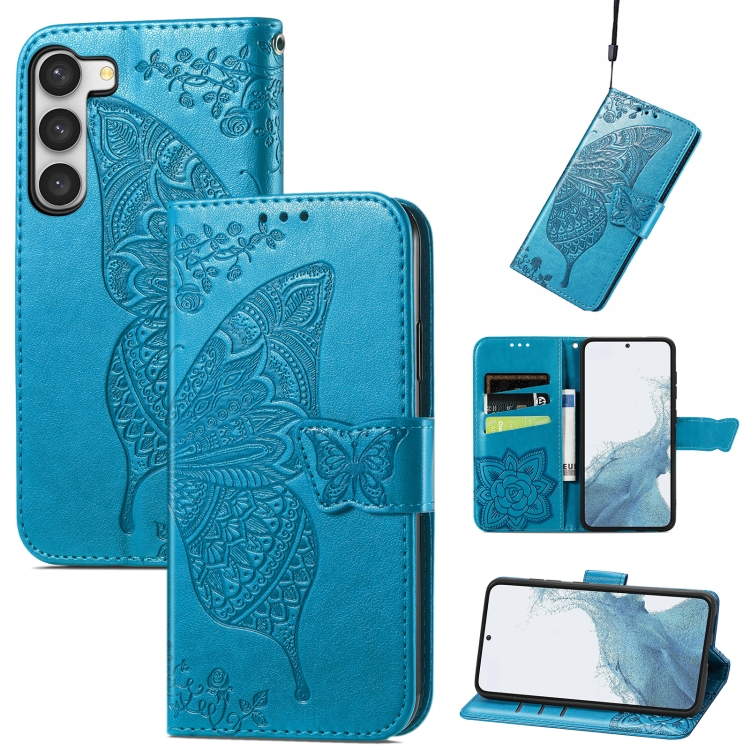 

For Samsung Galaxy S23 Ultra 5G Butterfly Love Flower Embossed Leather Phone Case(Blue)