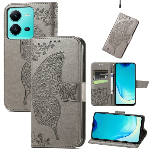 

For vivo V25 Butterfly Love Flower Embossed Leather Phone Case(Gray)