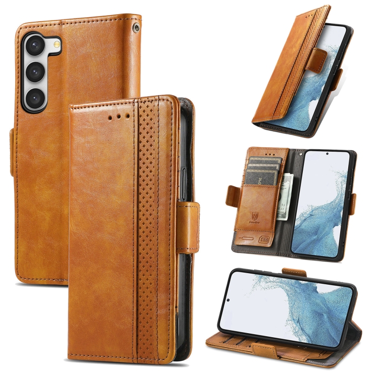 

For Samsung Galaxy S23 5G CaseNeo Splicing Dual Magnetic Buckle Leather Phone Case(Khaki)