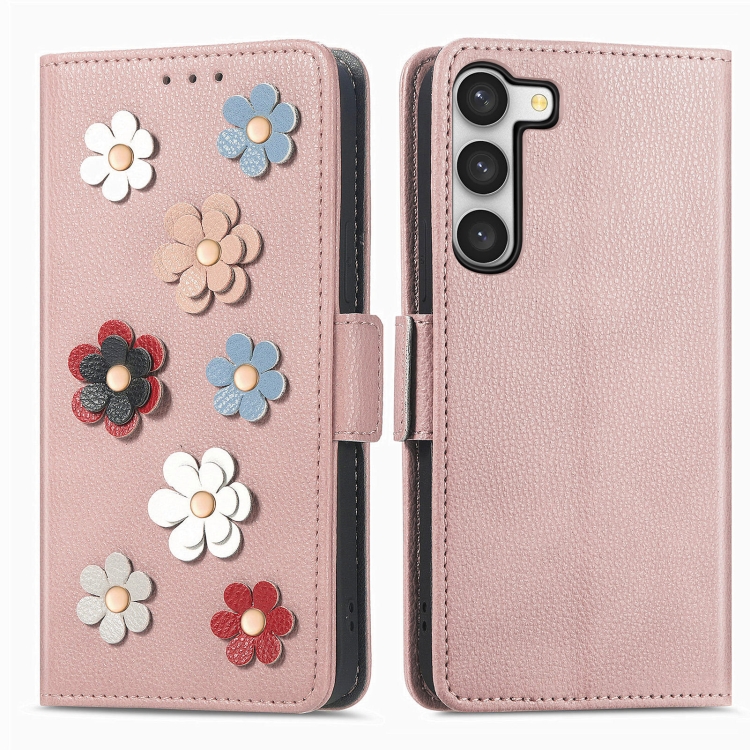 

For Samsung Galaxy S23 5G Stereoscopic Flowers Leather Phone Case(Rose Gold)
