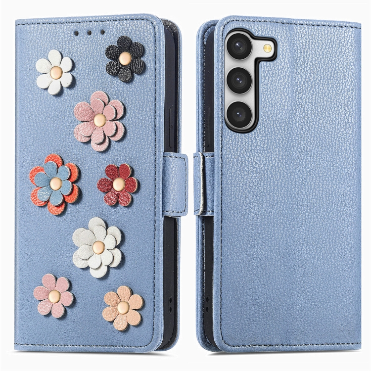 

For Samsung Galaxy S23+ 5G Stereoscopic Flowers Leather Phone Case(Blue)