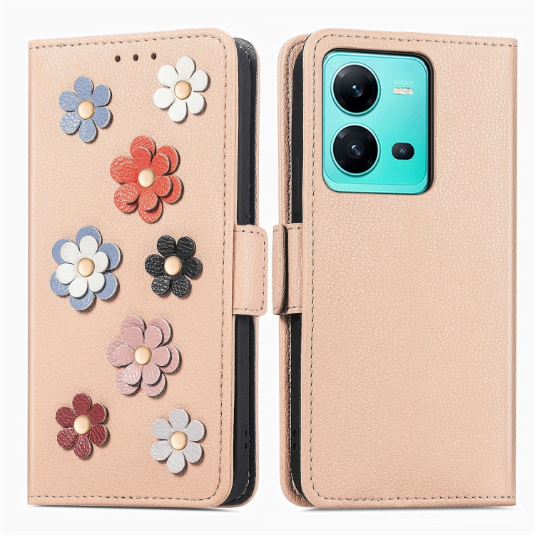 

For vivo V25 Stereoscopic Flowers Leather Phone Case(Khaki)
